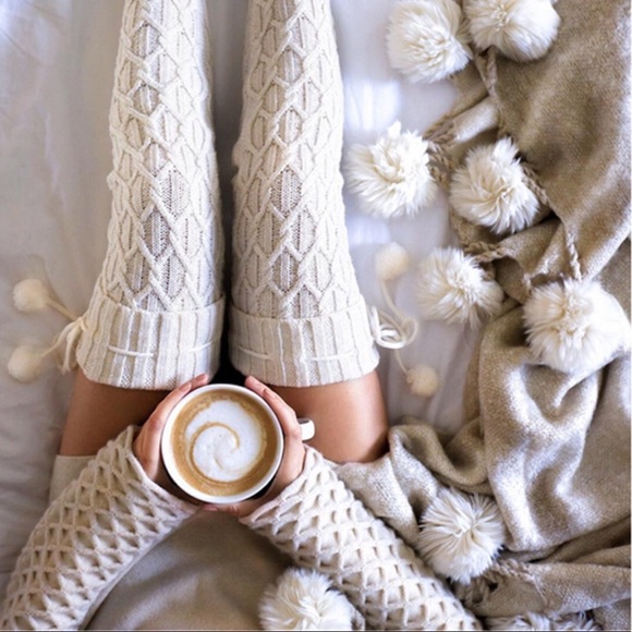 Accessories - Sexy Over Knee White Cable Knit Socks w/ Pom Poms